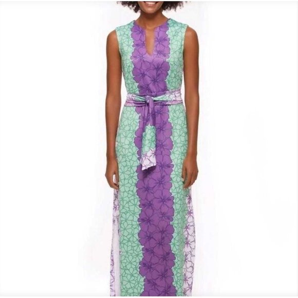 Rulon Reed Morgan Maxi Dress XS Green Purple Hibiscus Belt Sheath Resort - Picture 3 of 15